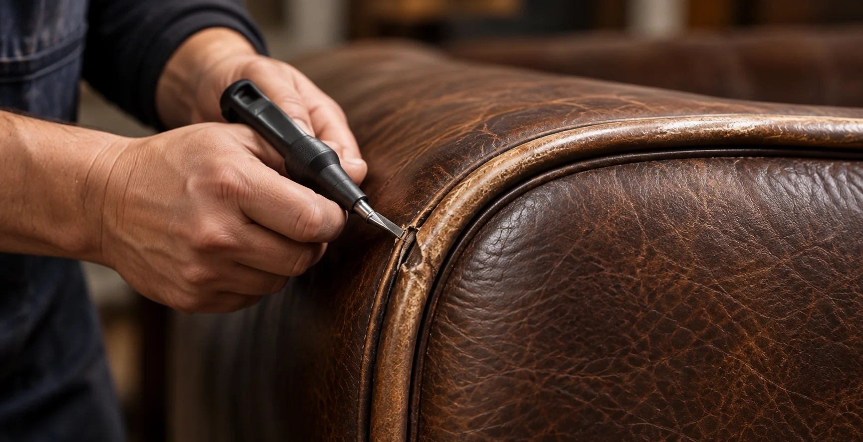 A hand using a small tool along the piped edge of a brown leather bed