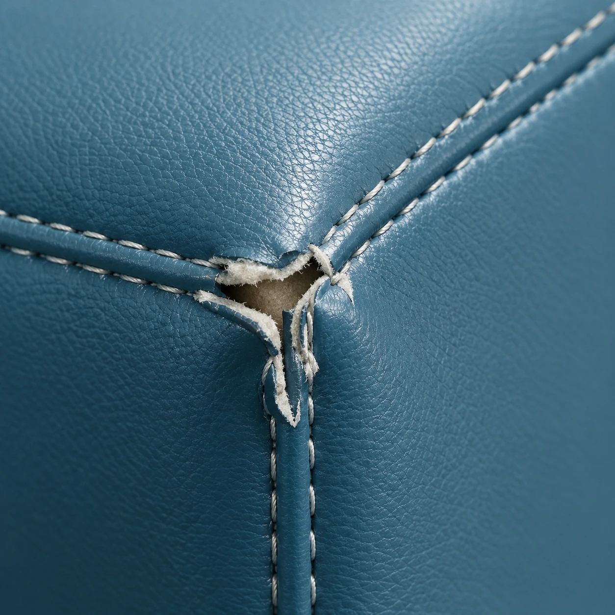 Torn corner where three seams meet on a treatment chair