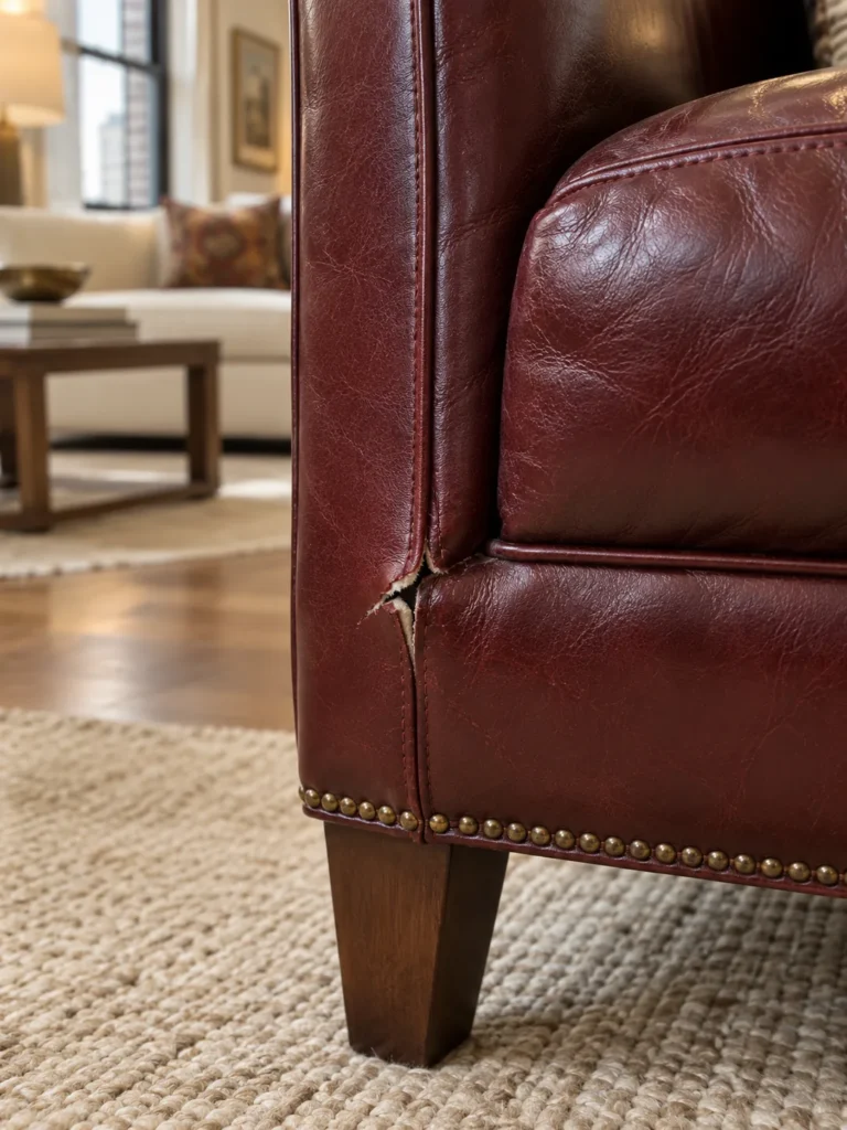 Torn corner on an oxblood leather staging armchair