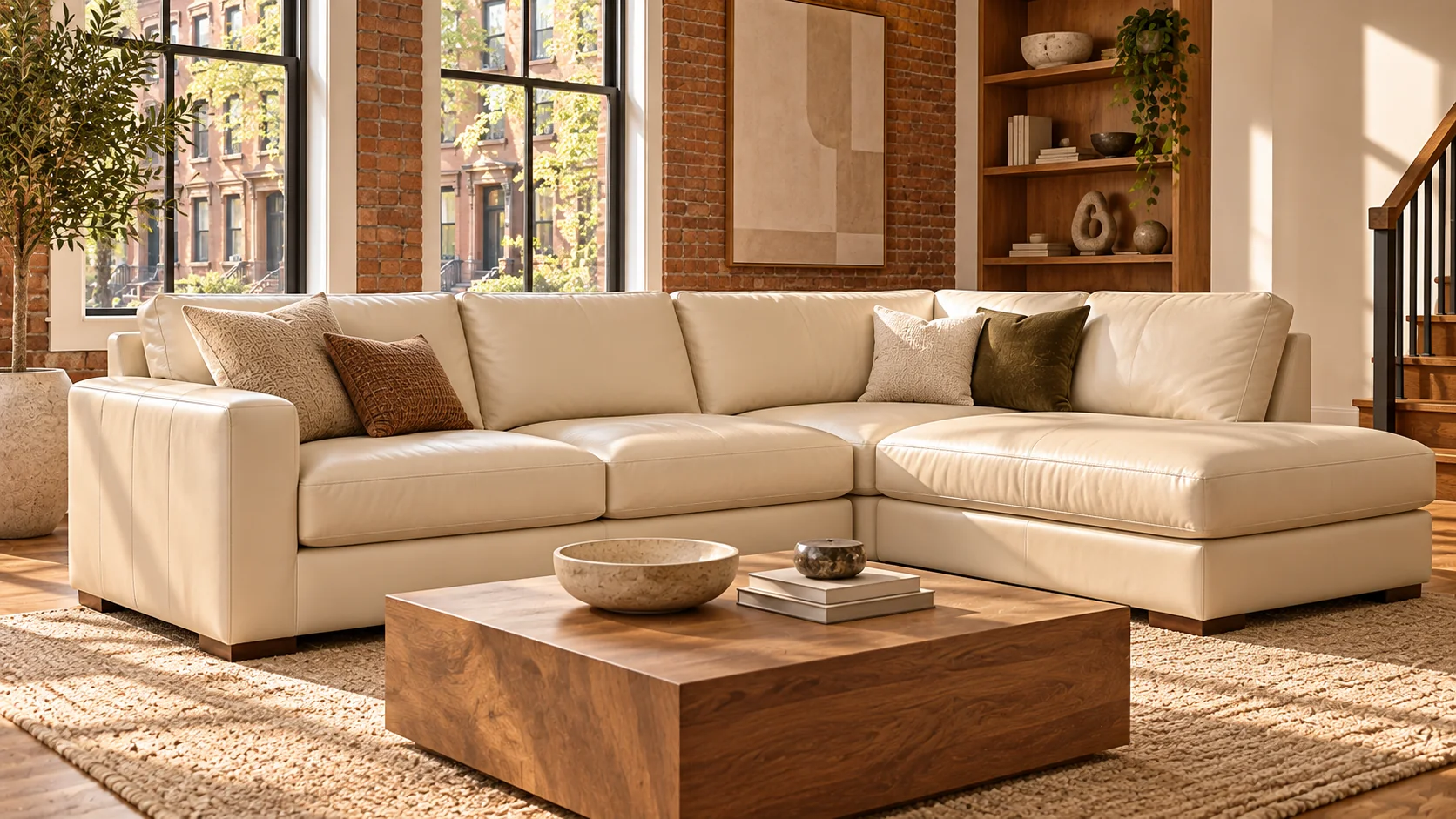 A cream leather sectional delivered to a Brooklyn townhouse