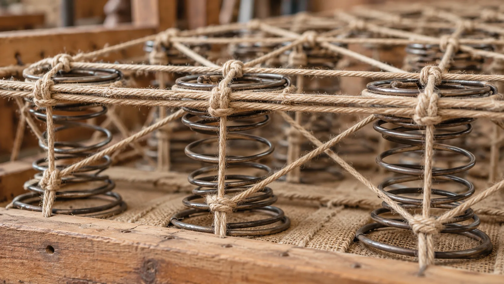 A traditional hand-tied coil spring deck, springs lashed with twine over hessian on a wooden frame