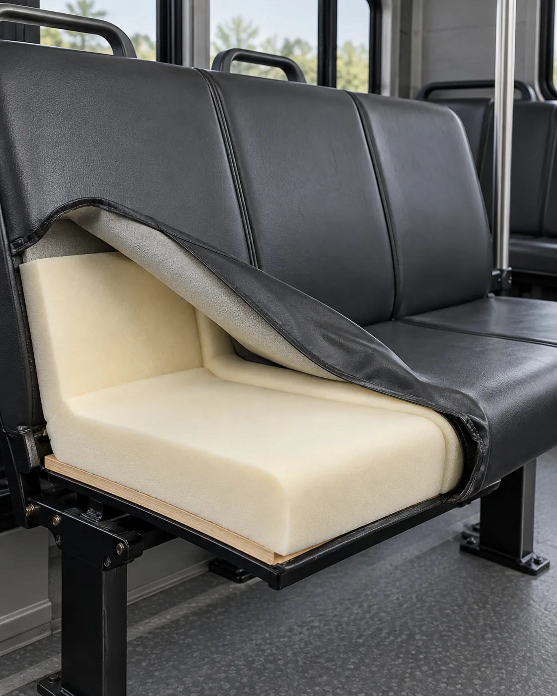 A transit bus bench seat