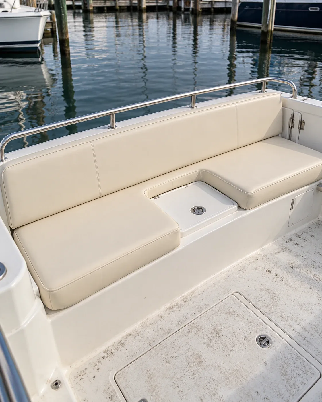 Transom bench on a boat, cut to its own shape