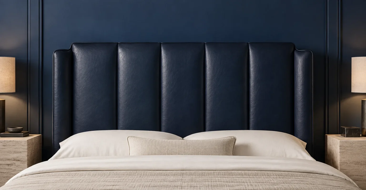 Navy channel-tufted leather headboard in a bedroom