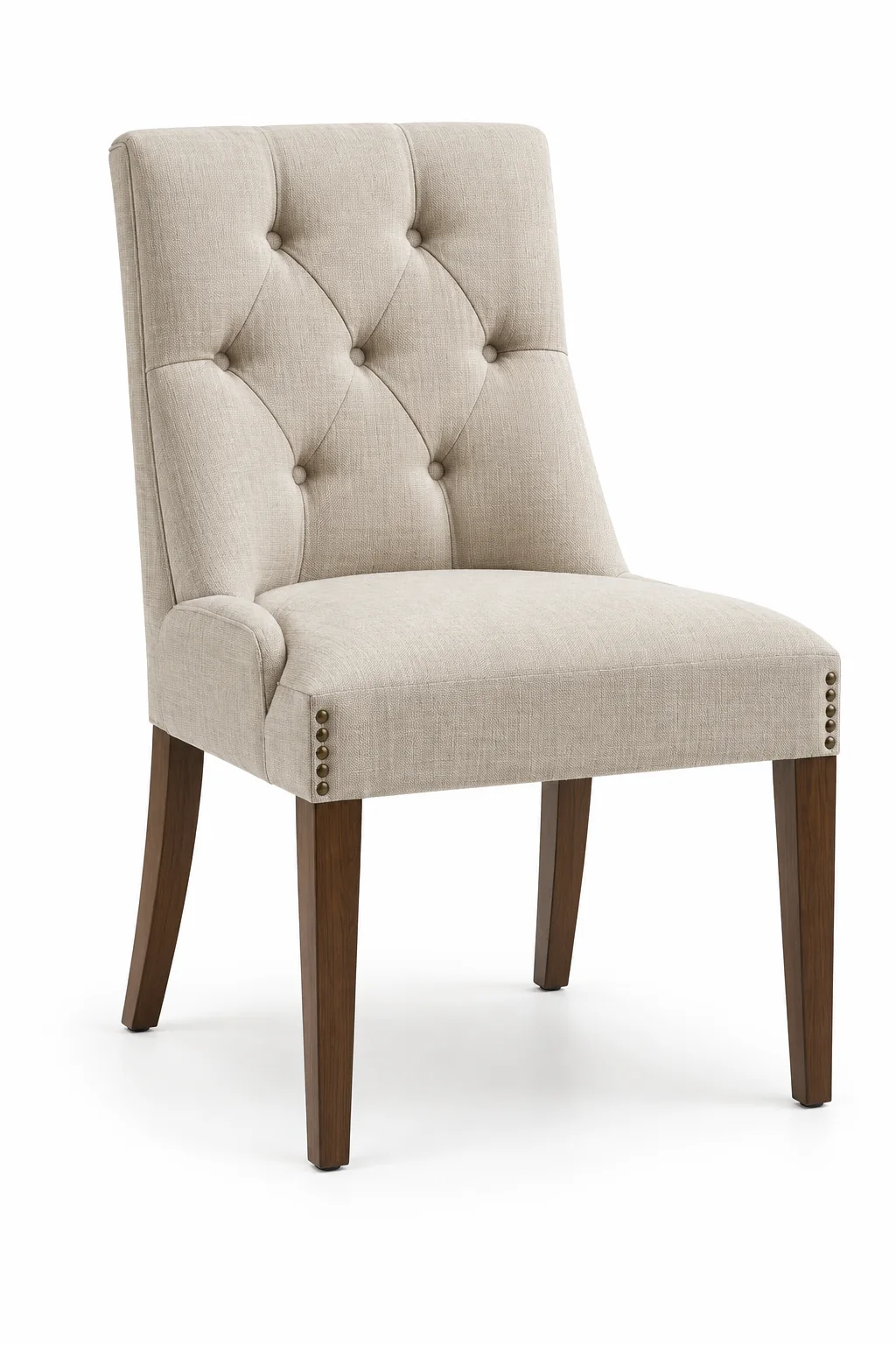 Fully upholstered dining chair in cream linen with button tufting