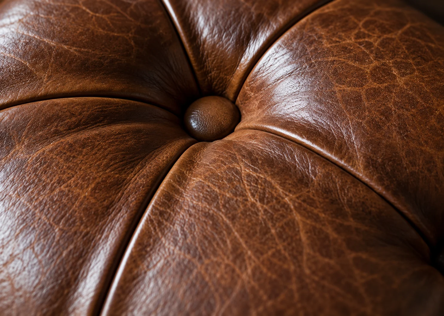A single brown leather button sunk into a tuft with creases radiating away