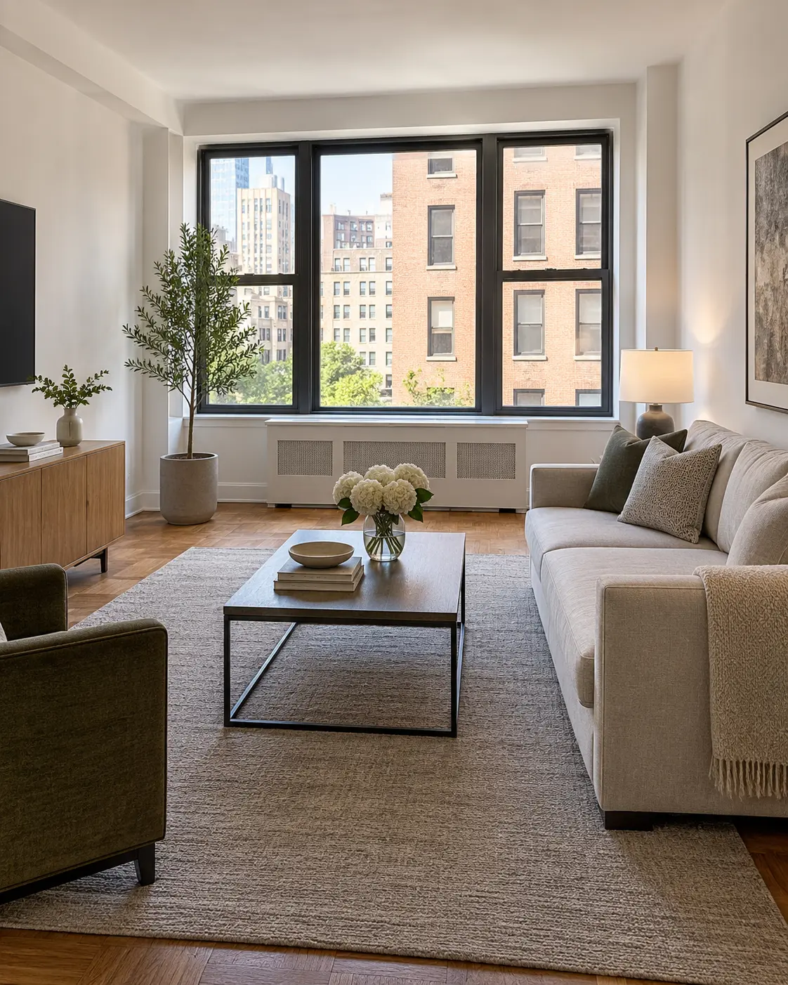 A staged model apartment living room ready for showings