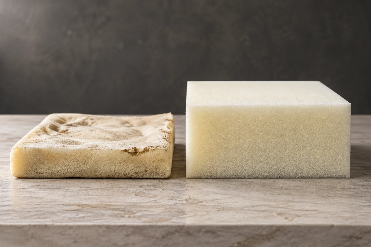 Old water-damaged foam beside a new block