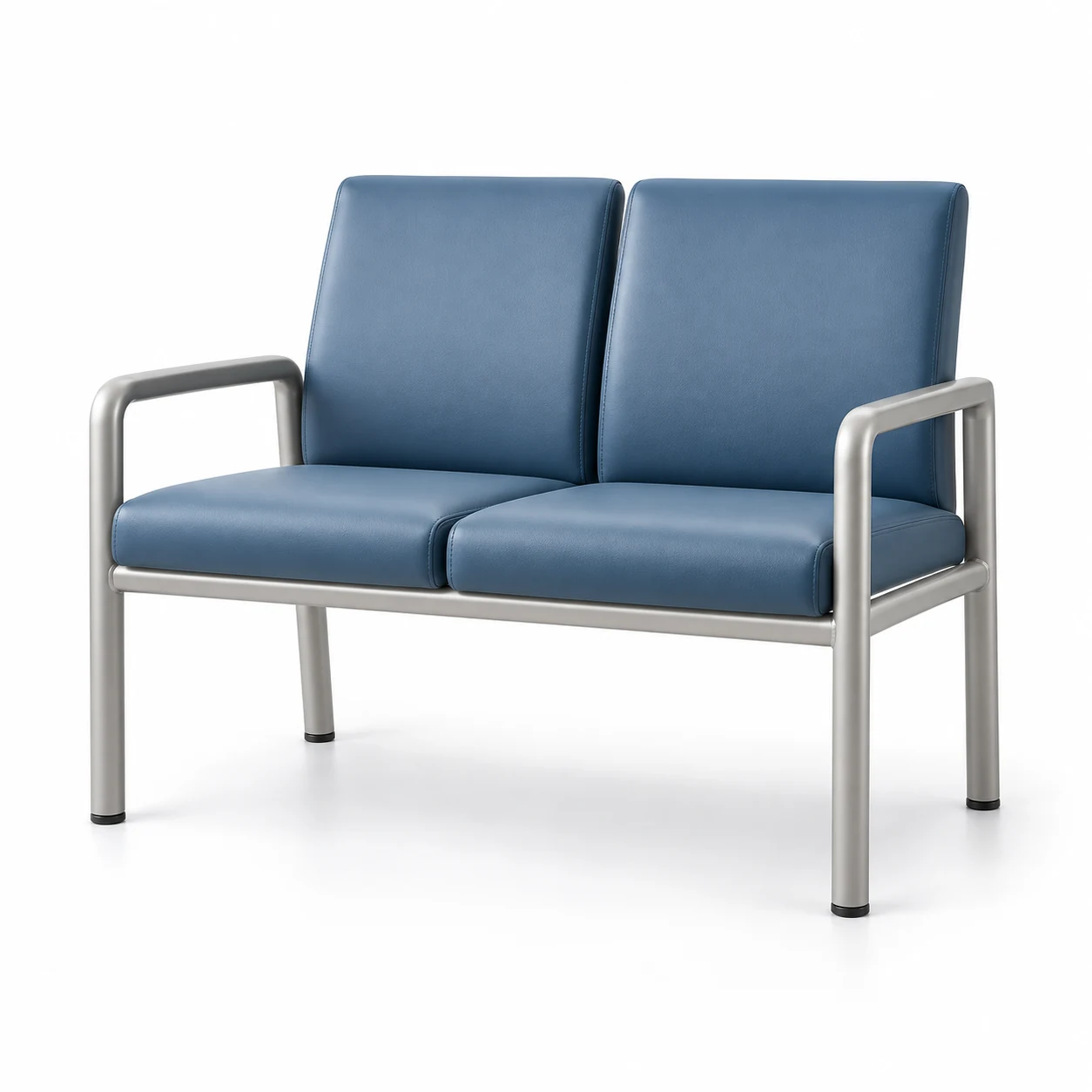 Two-seat waiting room bench in blue vinyl on a steel frame