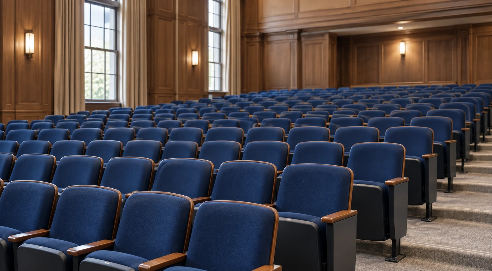 Blue tiered seating in a university auditorium with tall windows
