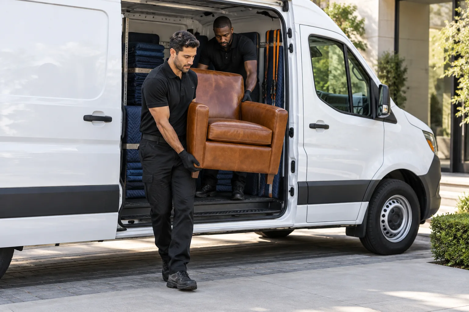 Technicians unloading a leather chair from a van