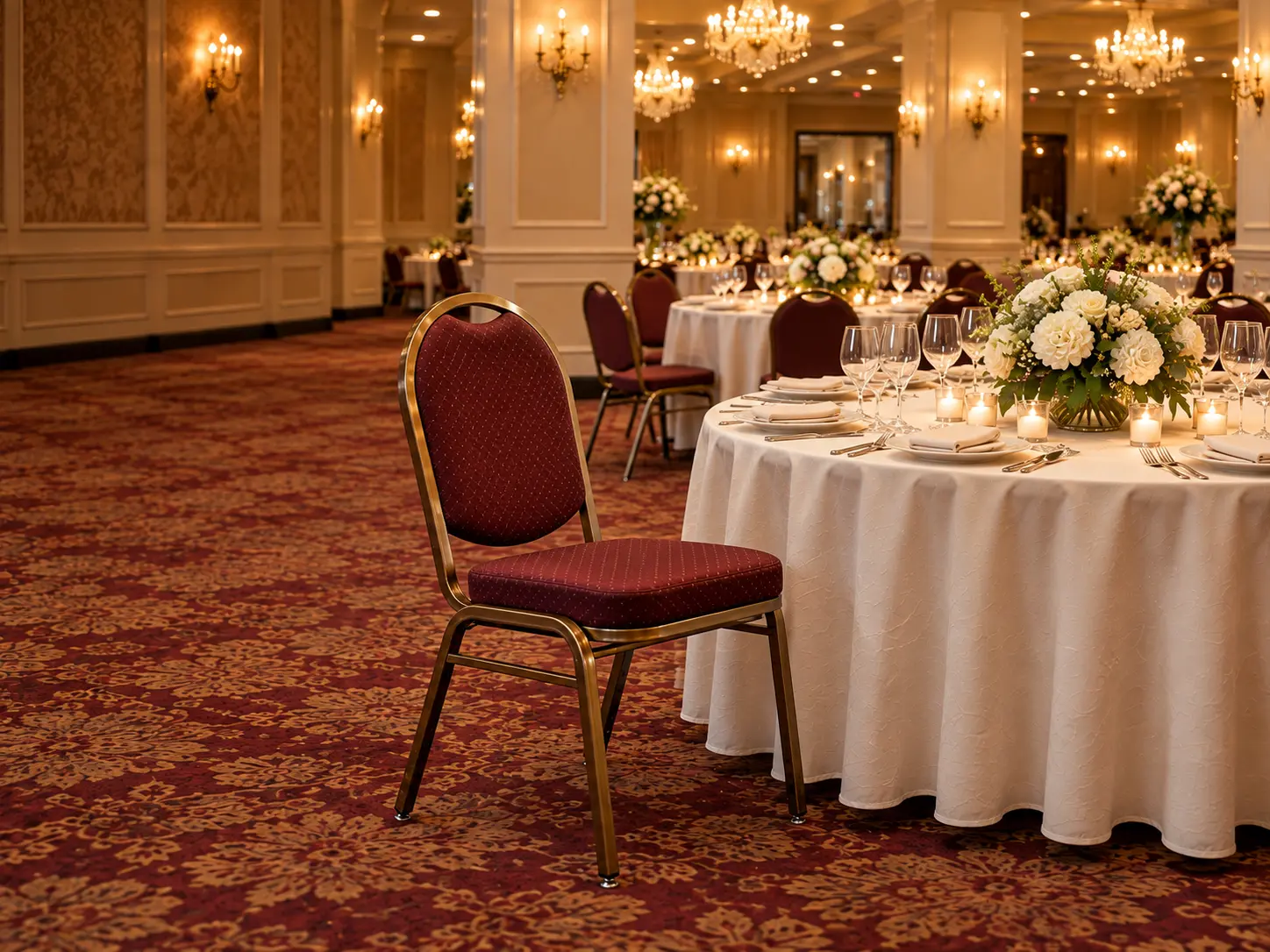 A restored upholstered side chair in a ballroom