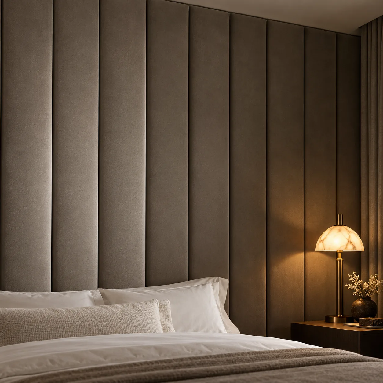 Upholstered wall panels used as a headboard in taupe