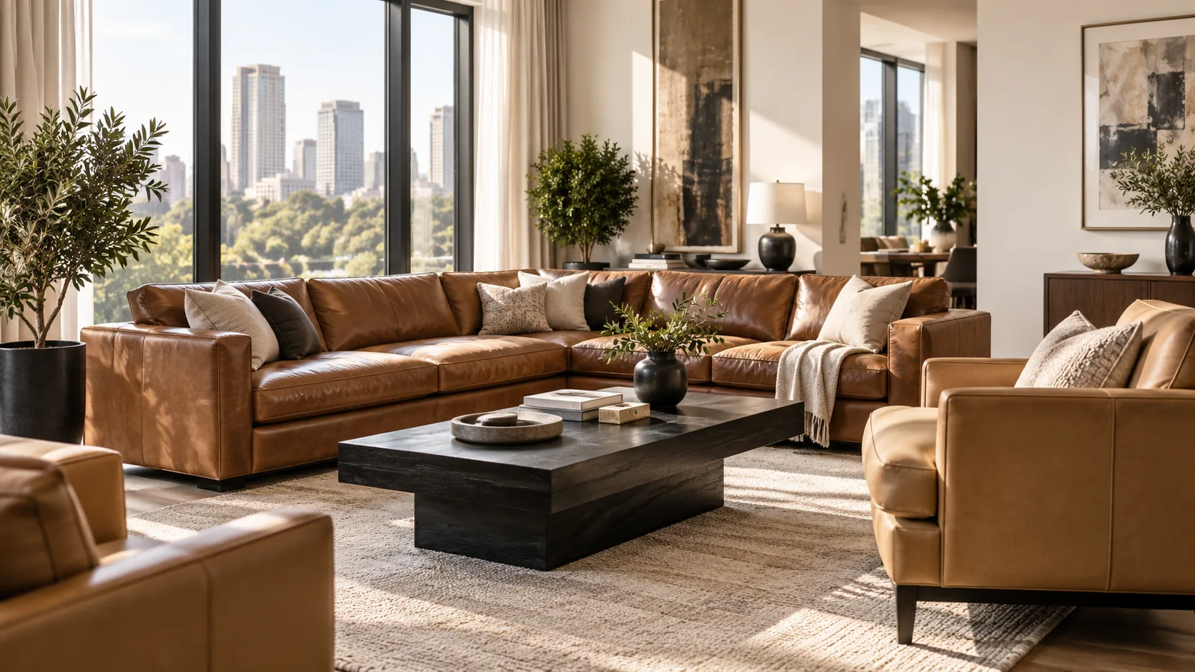 Tan leather sectional styled in an upscale living room