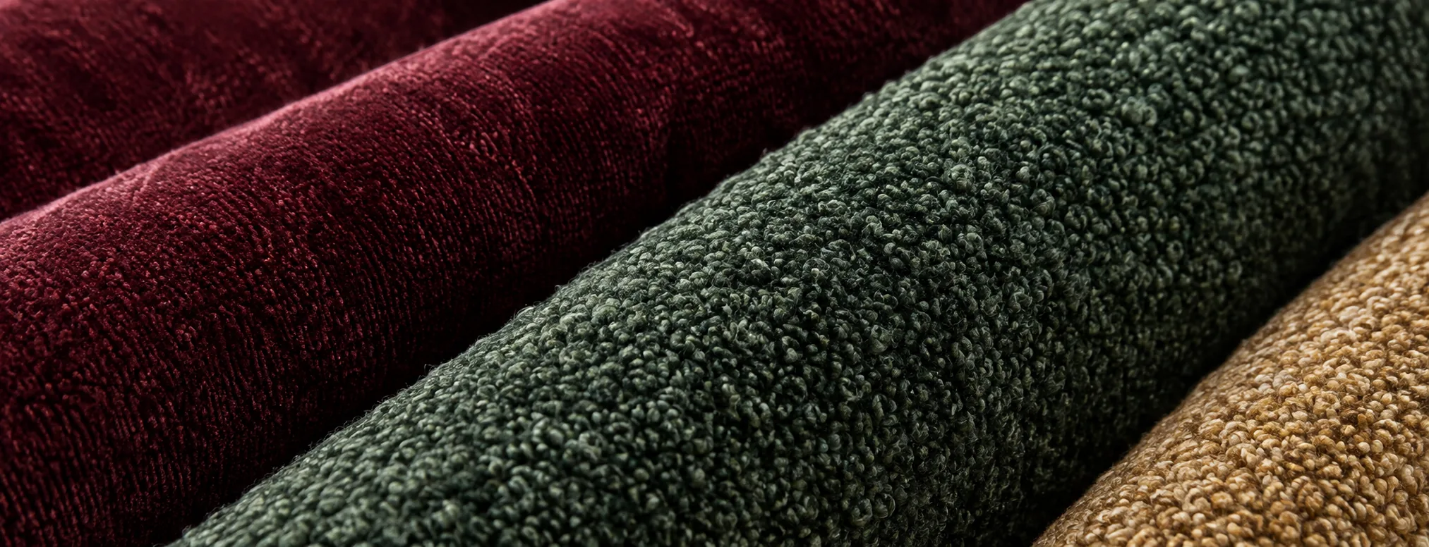 Velvet and boucle upholstery rolls in burgundy, green and ochre