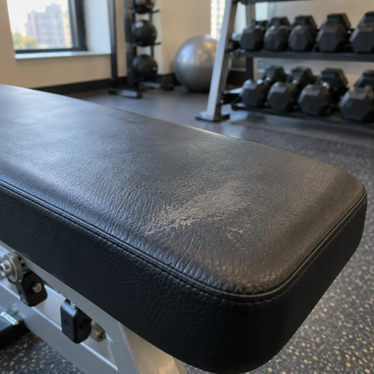 A chalky dulled patch on a black vinyl bench