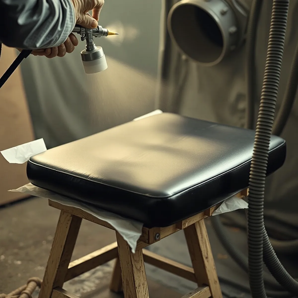 Fine mist of dark coating settling on a vinyl bench seat clamped to a trestle inside a small spray booth