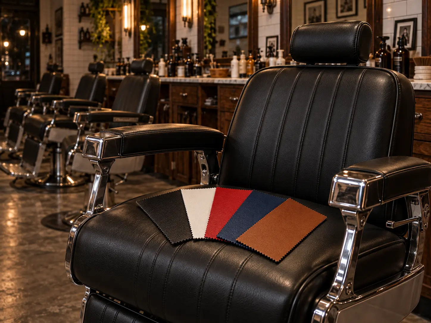 Vinyl samples fanned out on a chair seat