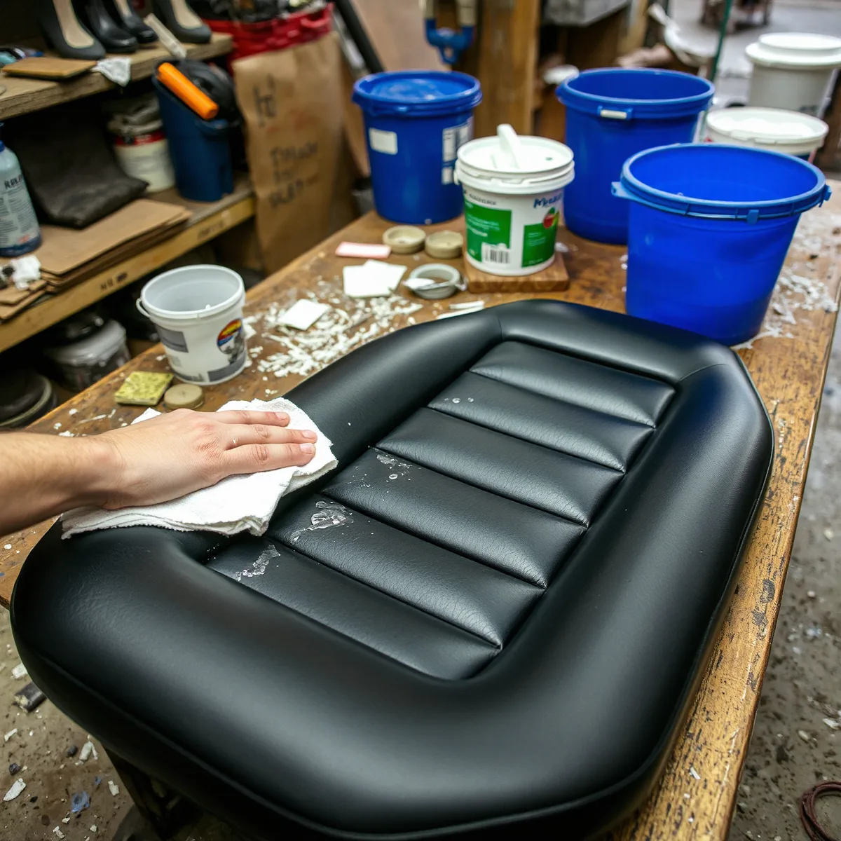 Vinyl seat panel being wiped down on a trim shop workbench beside buckets of soapy water and scuff pads