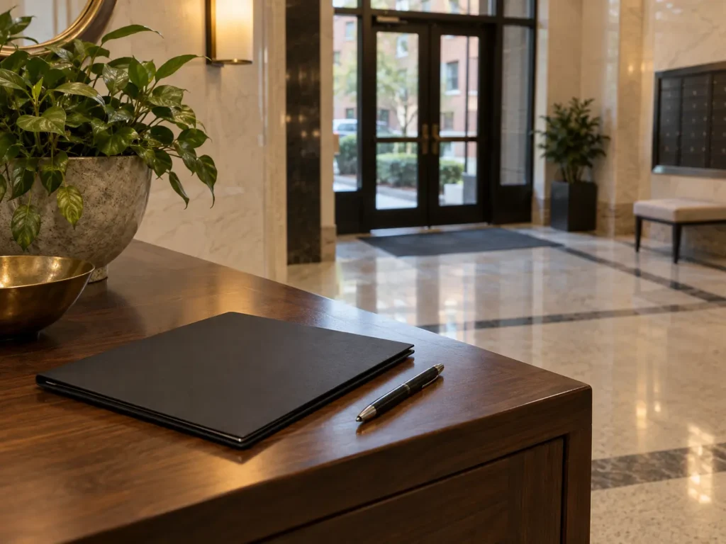 Visit record folder left on a lobby table
