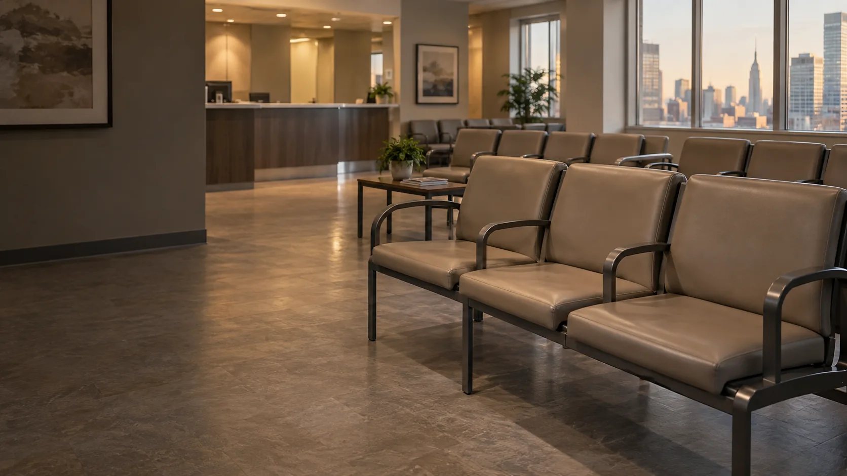 Medical waiting room furniture NYC: rows of taupe vinyl ganged seating in a Manhattan clinic waiting room