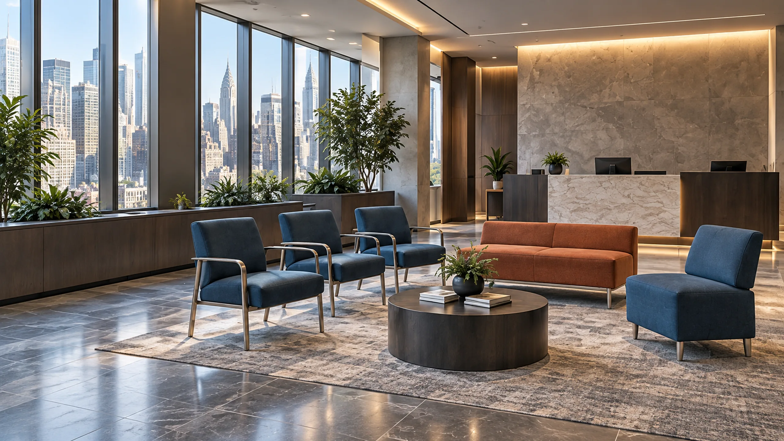 Waiting room chair reupholstery NYC offices book: a lounge of blue guest chairs and a tan sofa above the Manhattan skyline