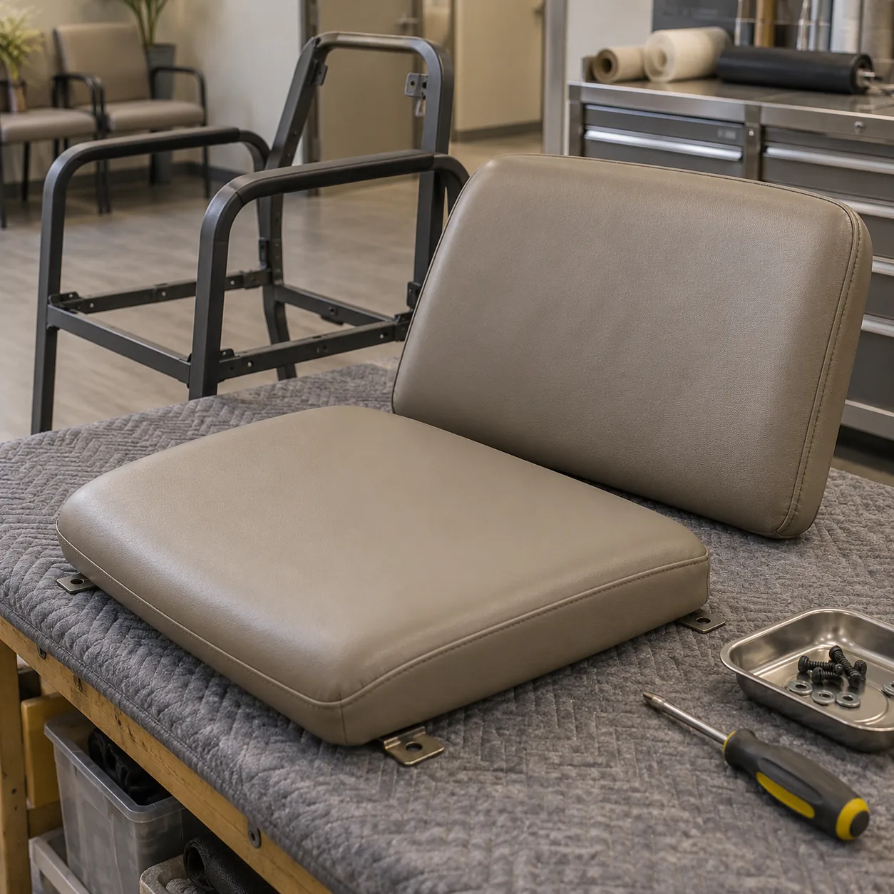 A waiting room chair with its seat and back pads removed on a workbench