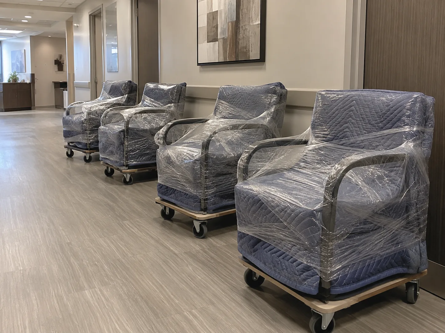 Waiting room chairs wrapped in moving blankets on dollies for pickup