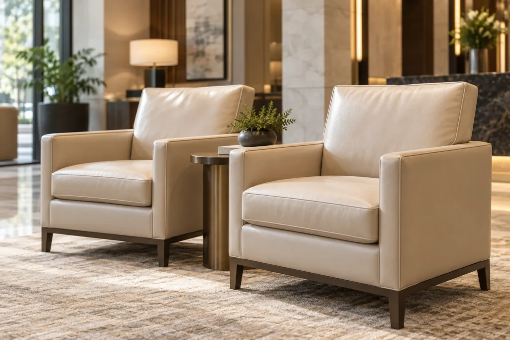 Cream upholstered armchairs in a waiting room