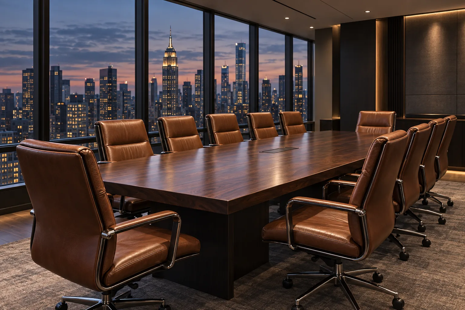 A walnut boardroom table surrounded by restored cognac leather conference chairs