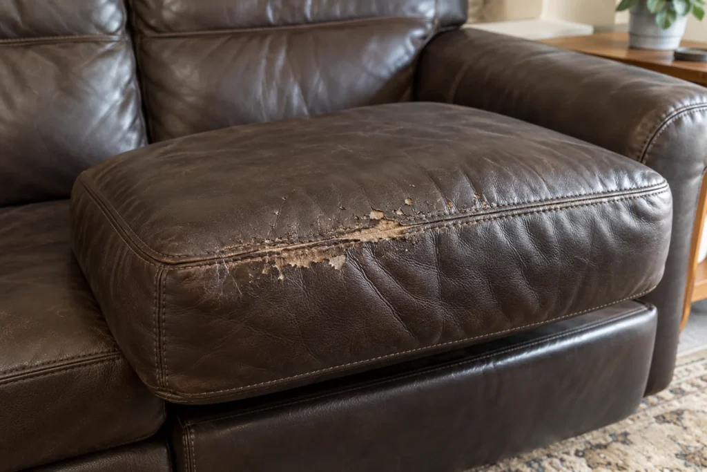 Dark leather cushion with the finish peeling