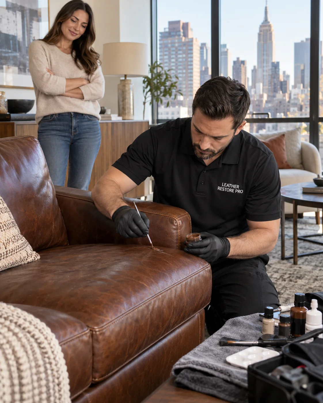 Technician repairing a sofa in a customer's home