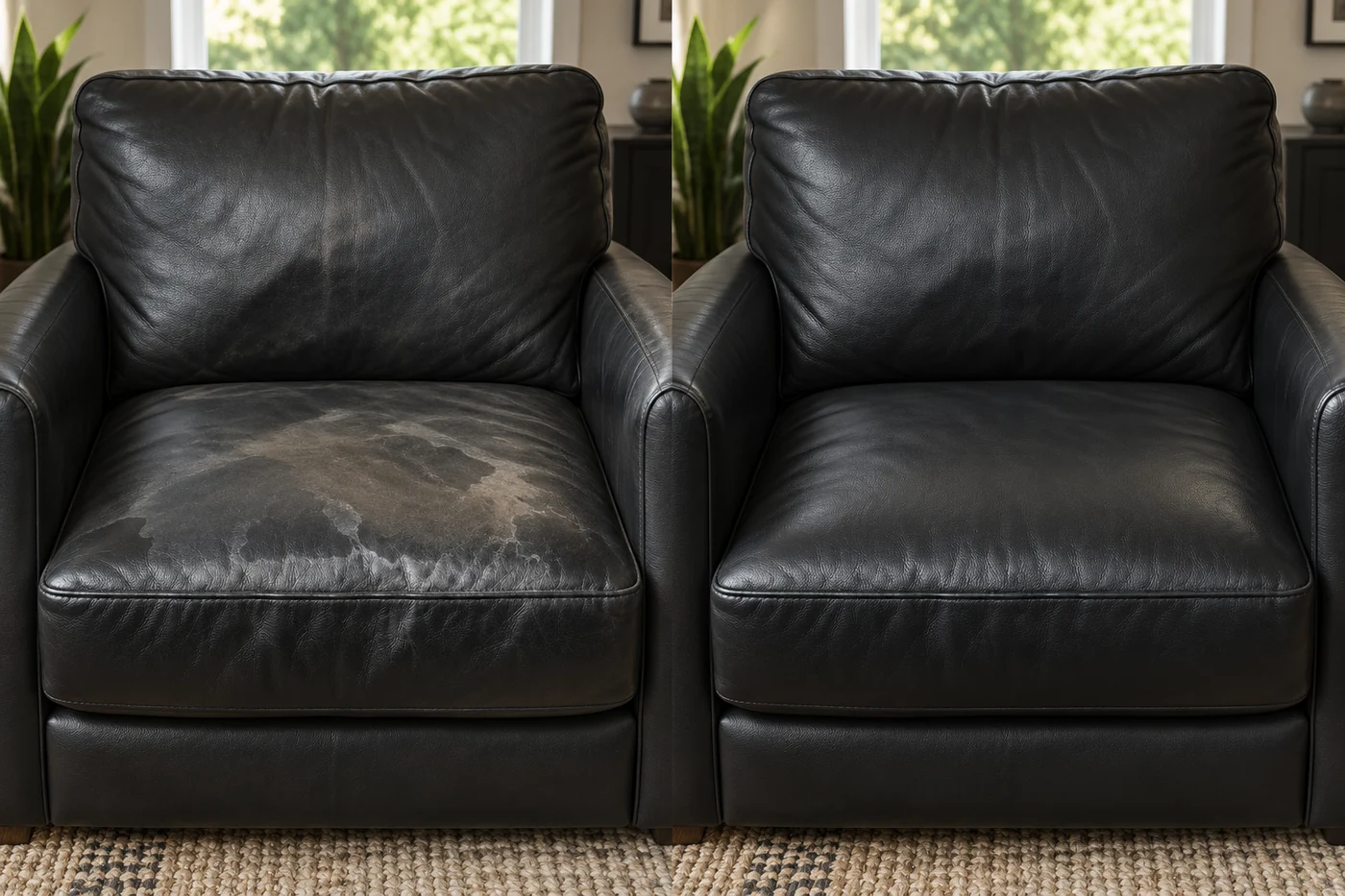 Before and after: a black leather armchair with a pale grey bloom on the seat, then an even black finish