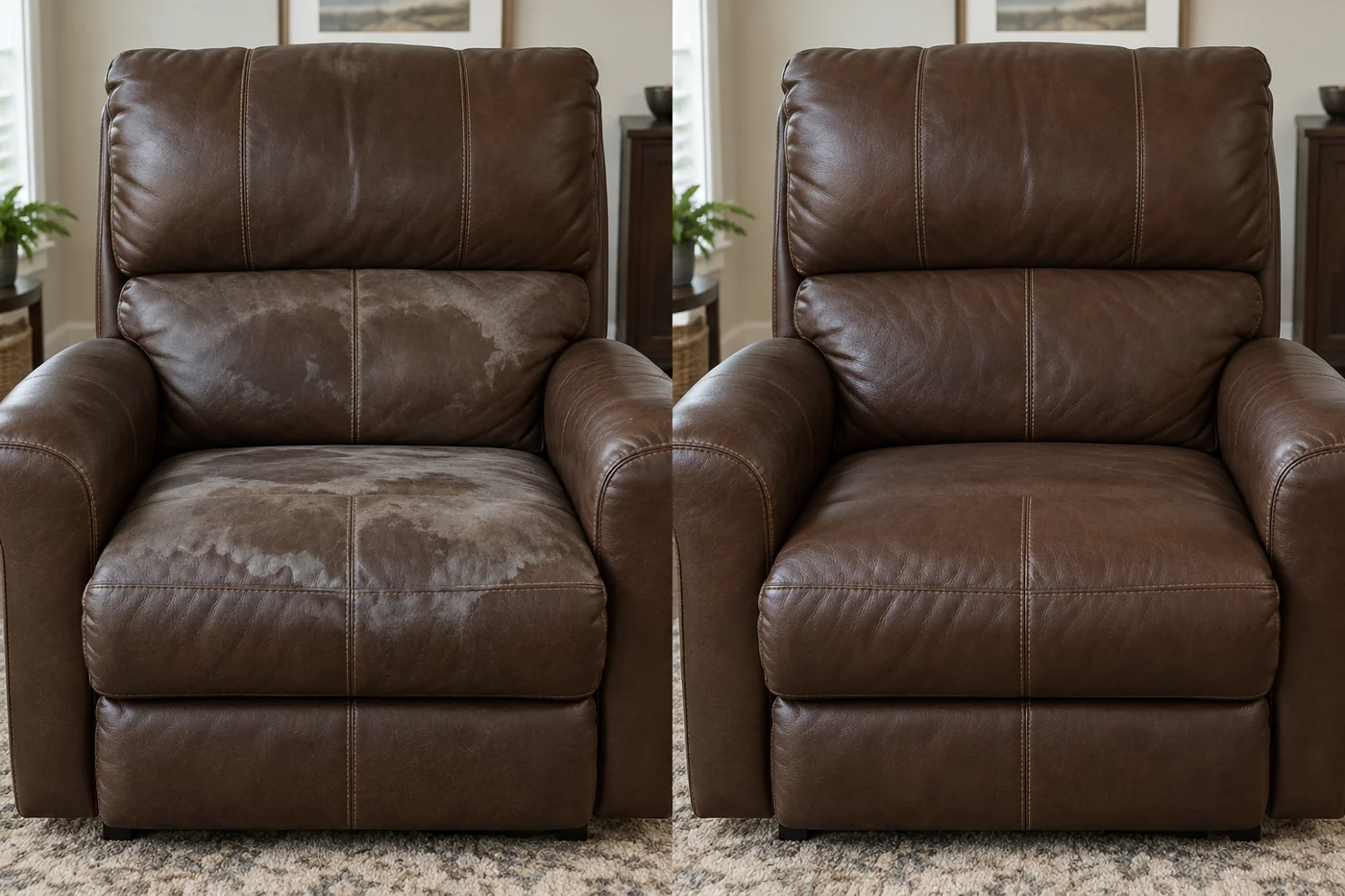 Before and after: a brown leather recliner blotched across the seat and back, then evenly coloured