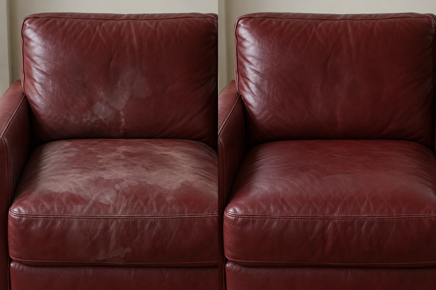 Before and after: a burgundy leather chair with pale spotting across both cushions, then evenly coloured