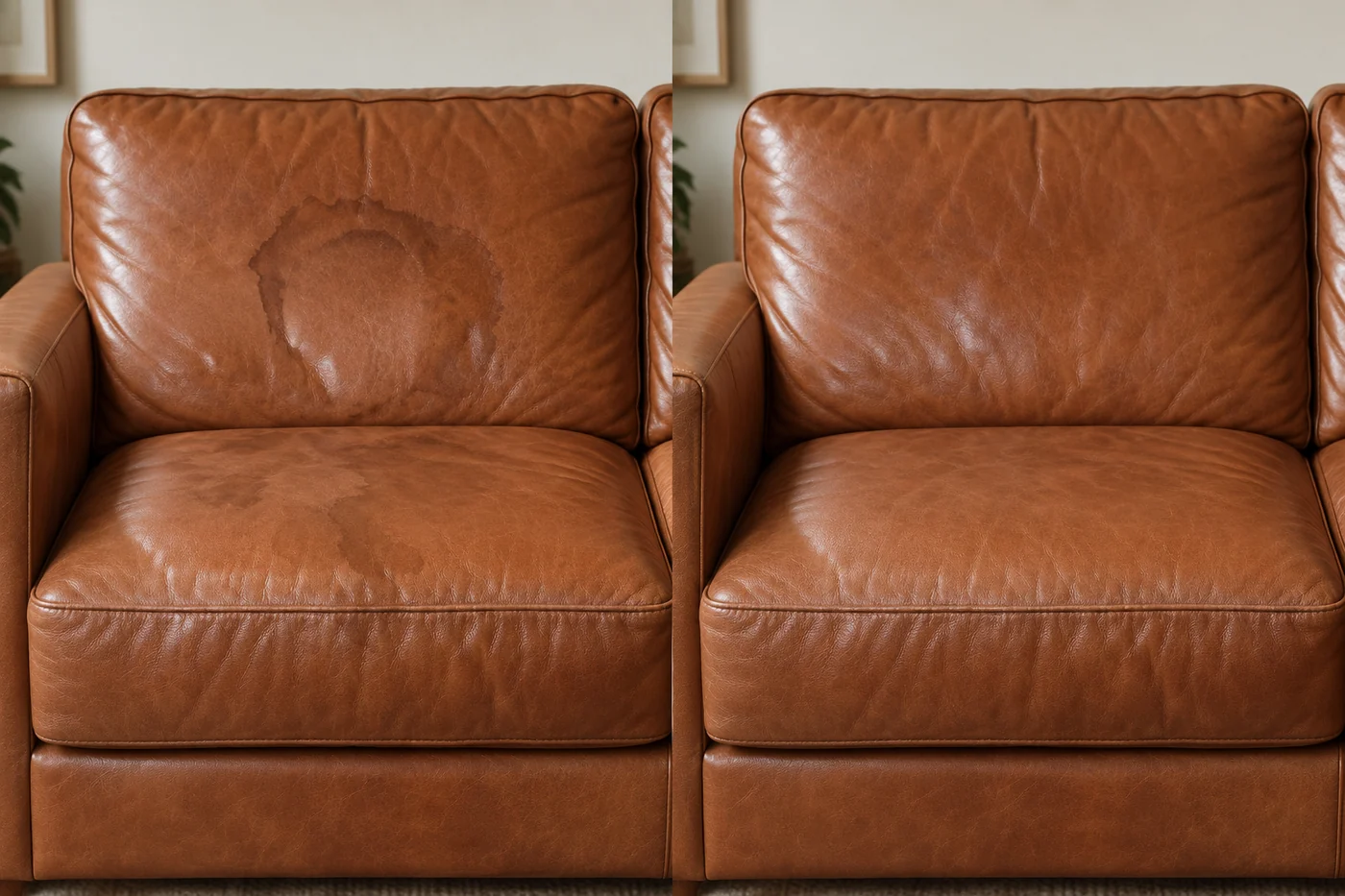 Before and after: a cognac leather sofa cushion with a dried water ring, then an even surface