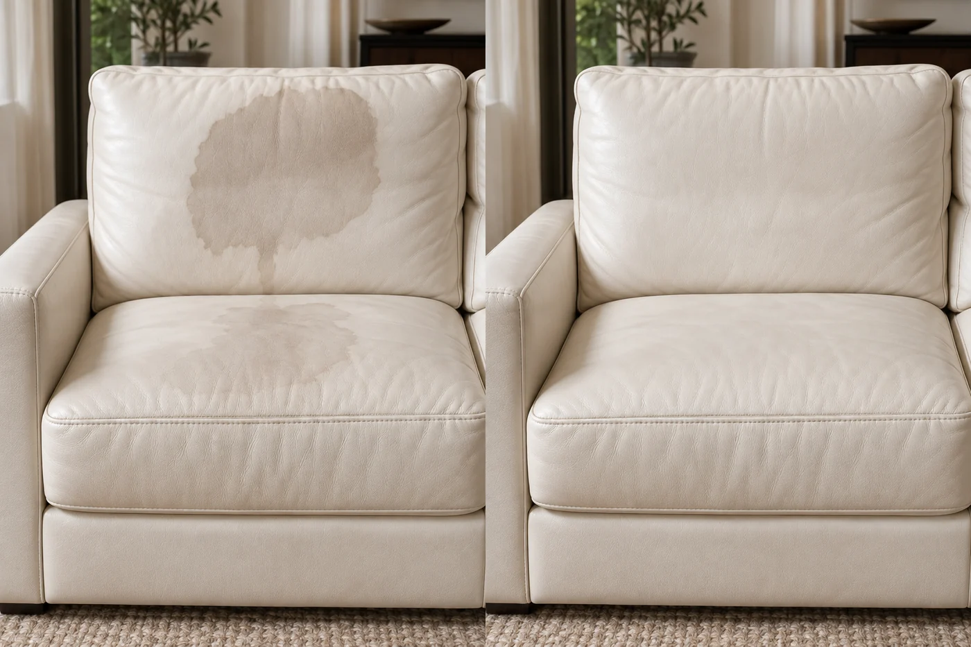Before and after: a cream leather armchair with a brown-edged bloom on the back cushion, then the cushion clean