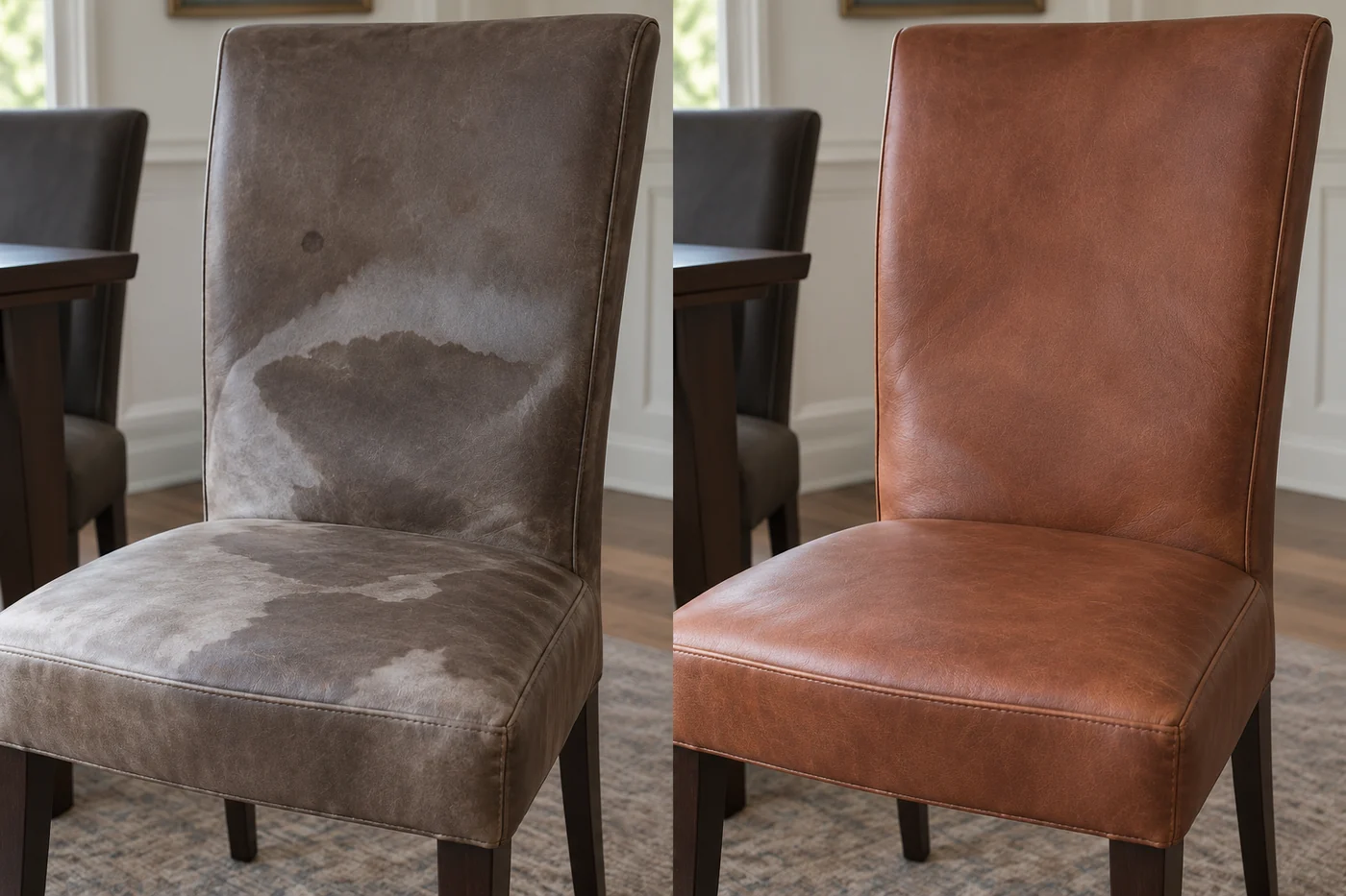 Before and after: a dining chair blotched grey by water, then the same chair in an even cognac finish