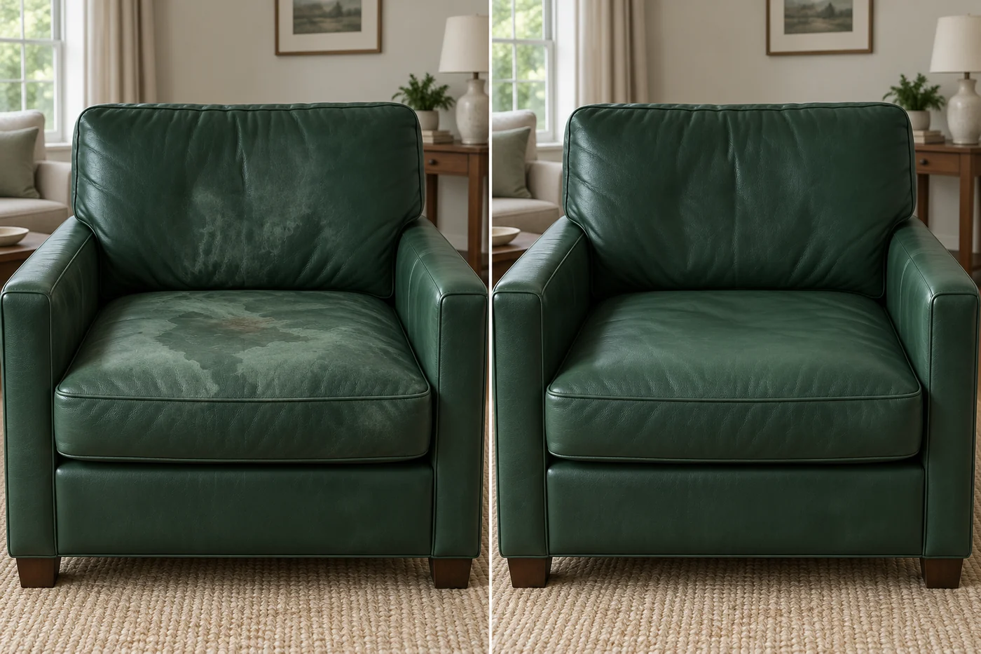 Before and after: a dark green leather armchair with water marks on the seat and arm, then evenly coloured