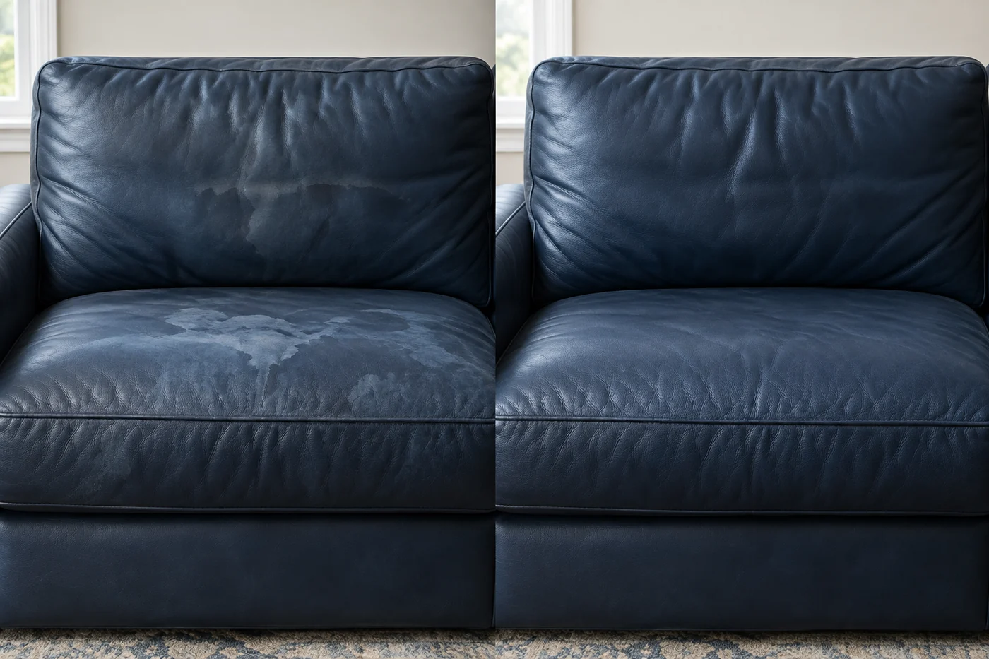 Before and after: a navy leather sofa cushion with pale water marks, then the same cushion evenly coloured