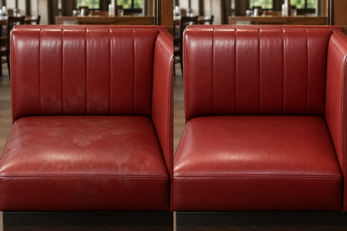 Before and after: a red channel-stitched leather booth seat with marks along the seams, then clean