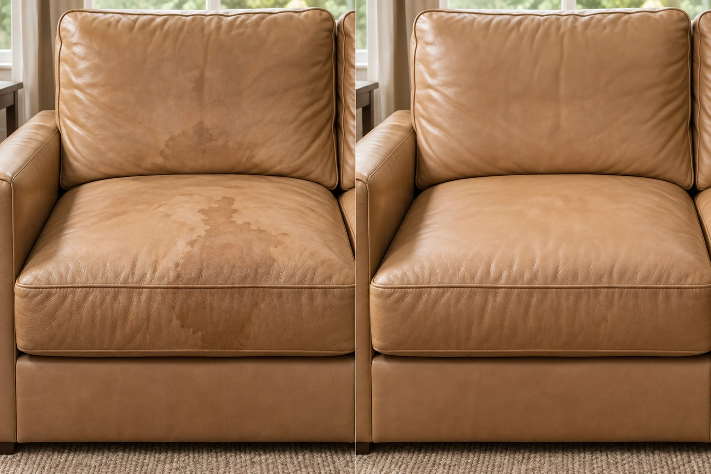 Before and after: a tan leather loveseat with dark staining along the seat front, then evenly coloured