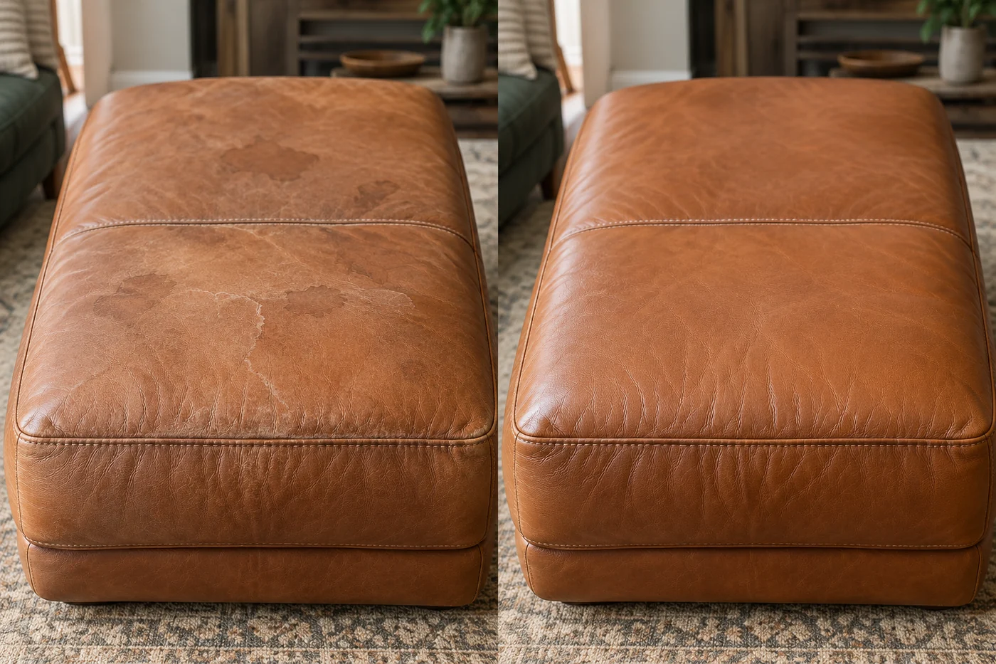 Before and after: a tan leather ottoman with a hard-edged dried spill across the top, then an even surface