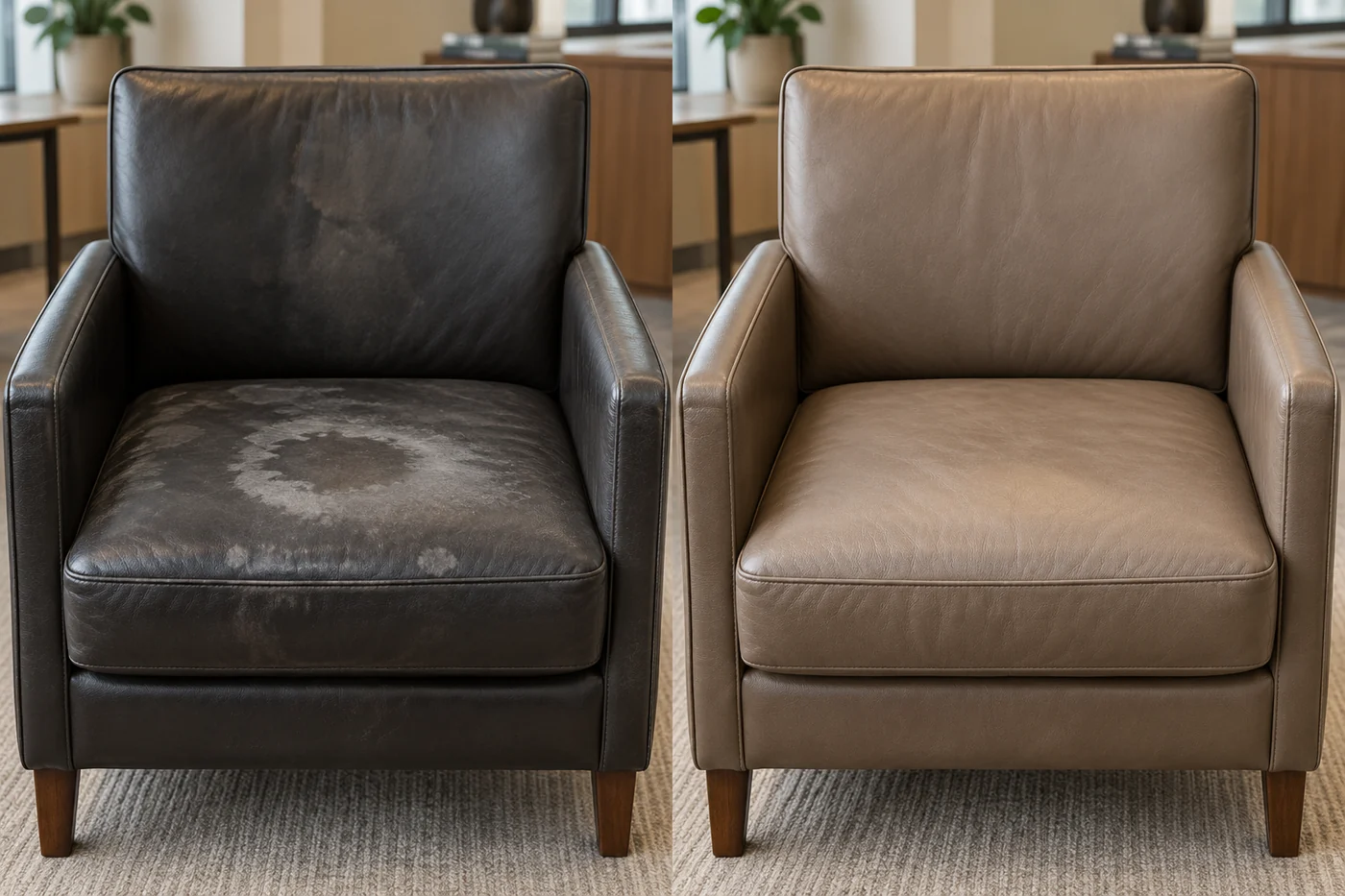 Before and after: a dark armchair with a large pale bleached patch on the seat, then an even taupe finish