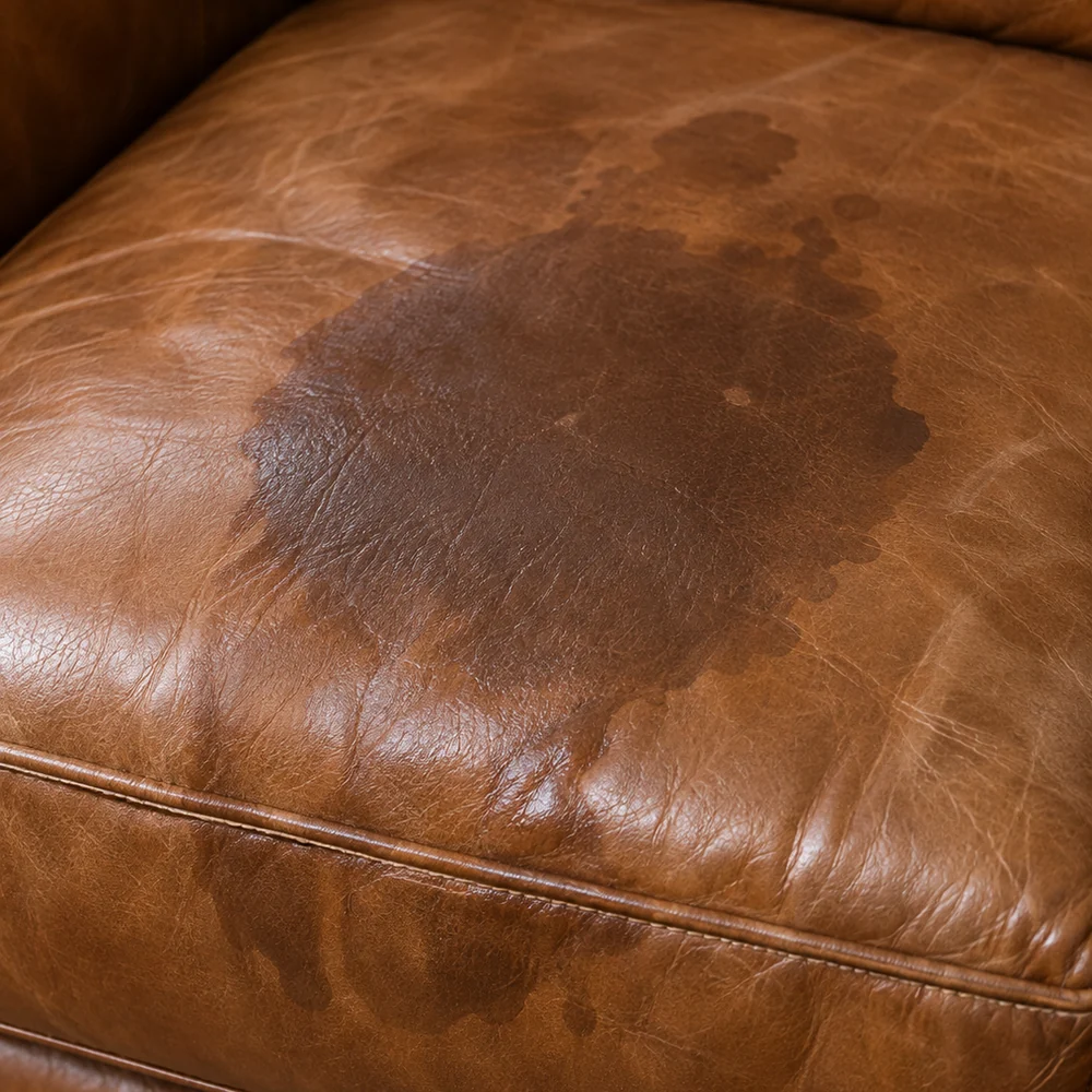 A dark saturated spill sitting wet on a tan leather seat cushion, with smaller droplet marks around its edge