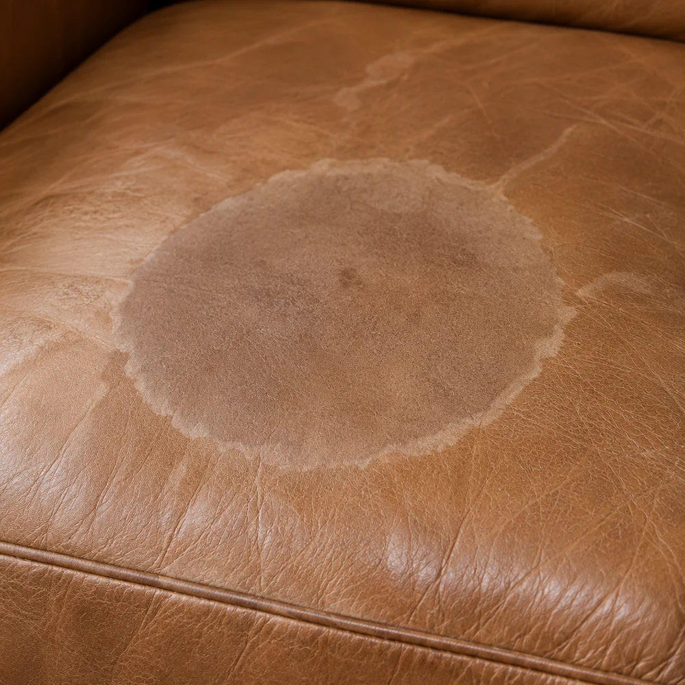 The same spill fully dry: a pale flat circle with a hard rim where everything the water carried was deposited