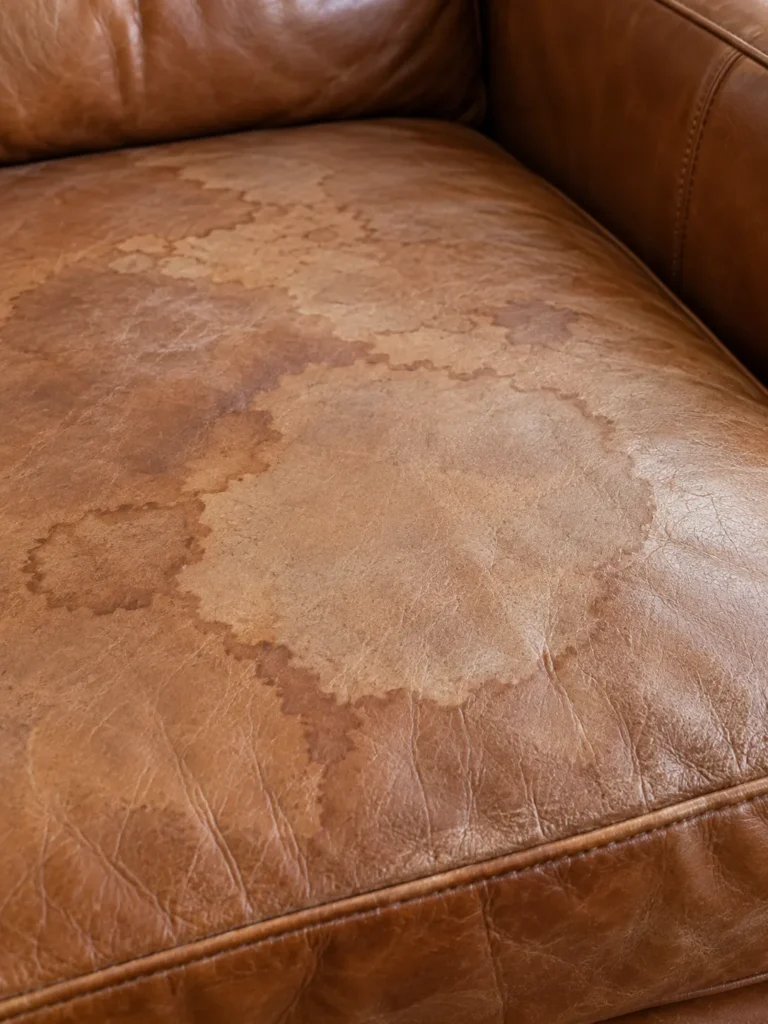 Tide marks and water staining across a cognac leather cushion