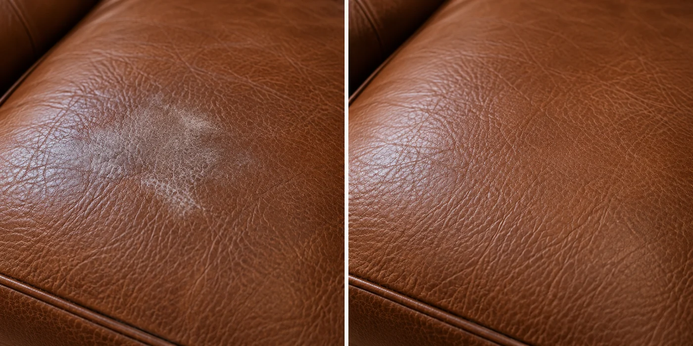 A pale stripped patch where the finish has lifted off brown leather