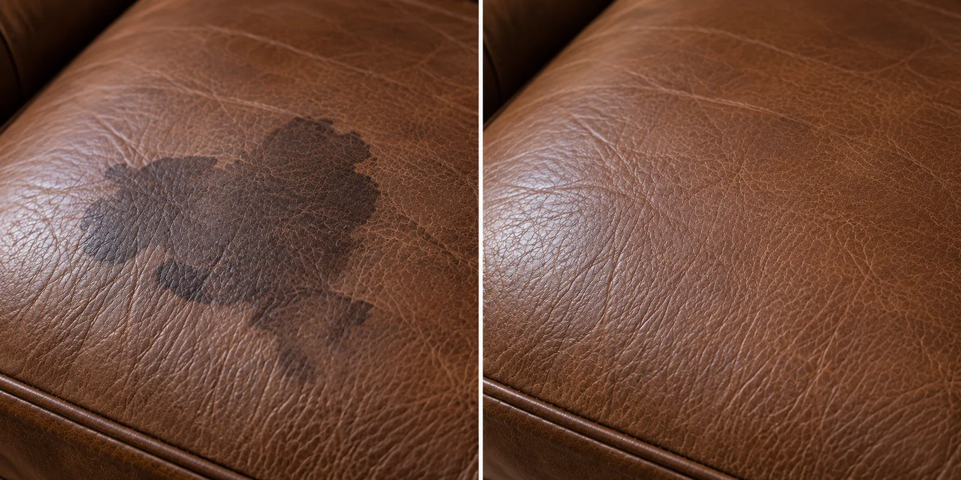 Before and after of a dark multi-lobed water mark on a brown leather seat, gone on the right