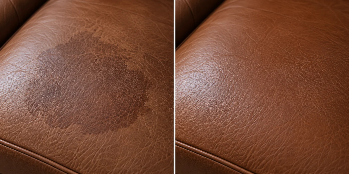 A dull, discoloured patch across the finish of brown leather